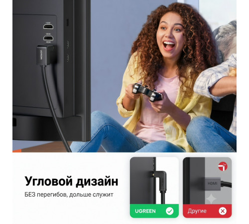 Видеокабель | HDMI 4K | UGREEN HD103 |  2 метра (угловой 90°)